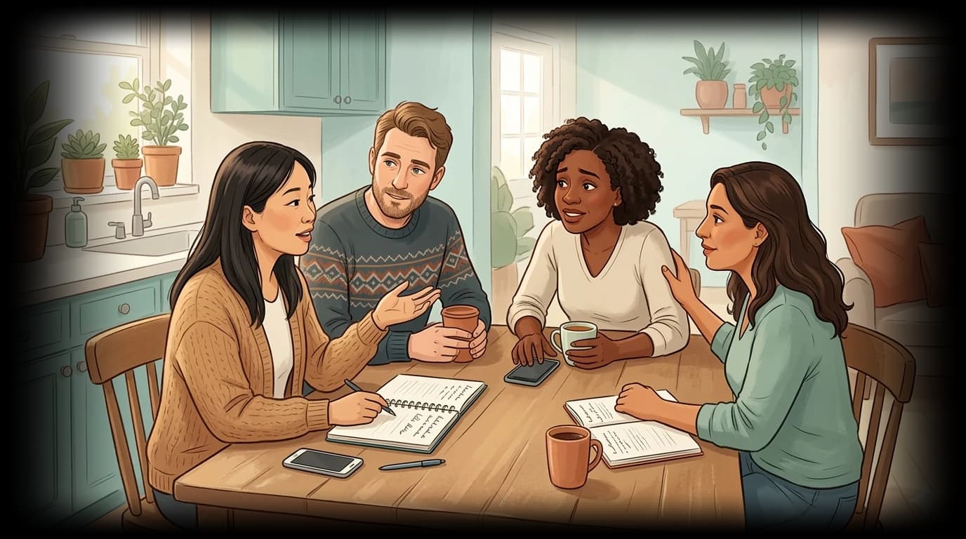 Vier Eltern im Gespräch am Küchentisch — gemeinsam den Weg finden