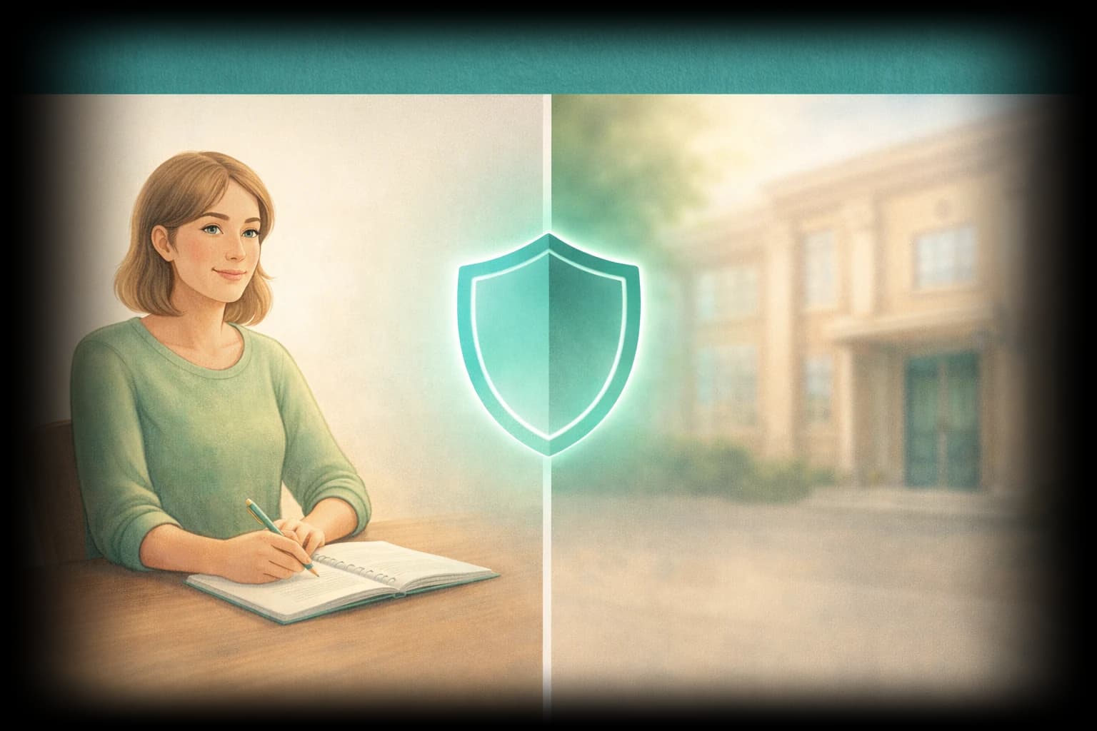 Mutter schreibt mit Schutzschild zwischen ihr und dem Schulgebäude — rechtlich abgesichert handeln