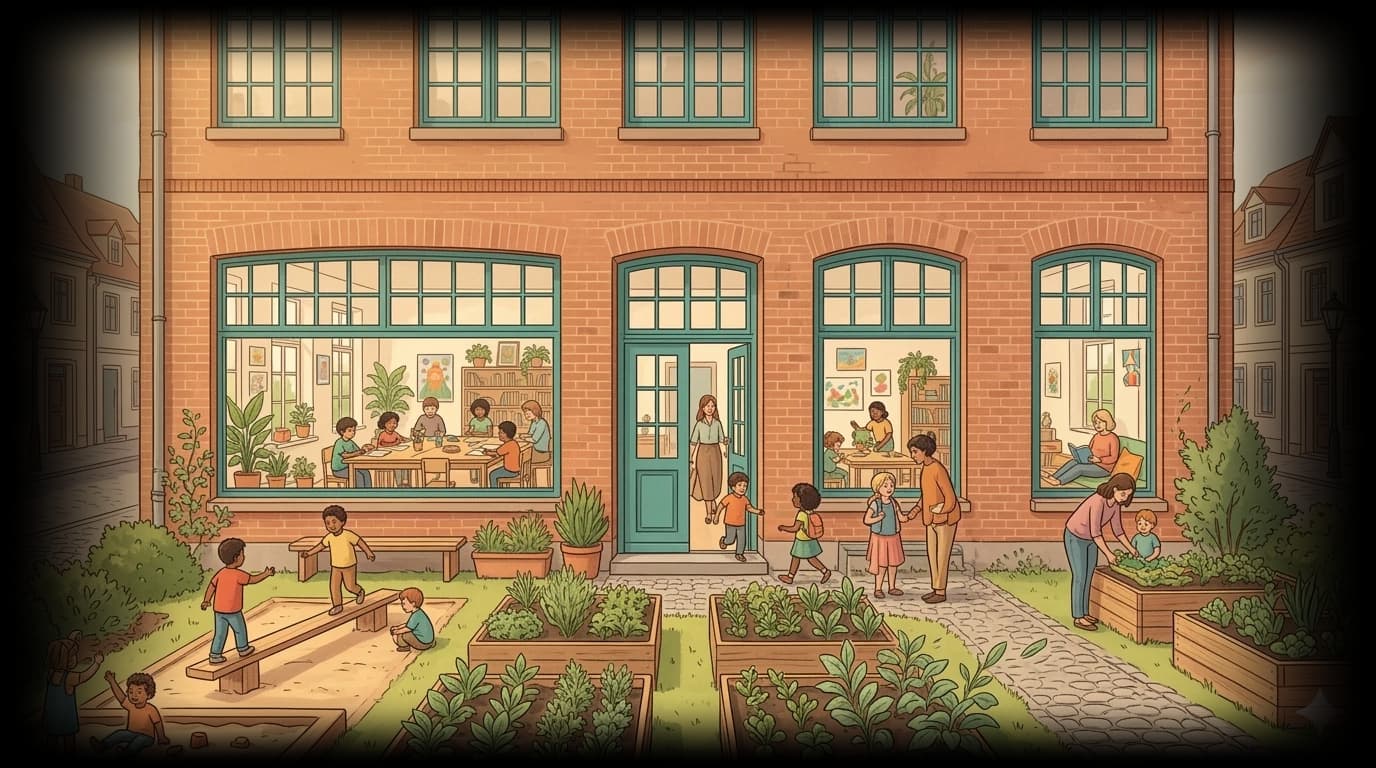 Bildungsraum Finsterwalde — Backsteingebäude mit Garten und spielenden Kindern