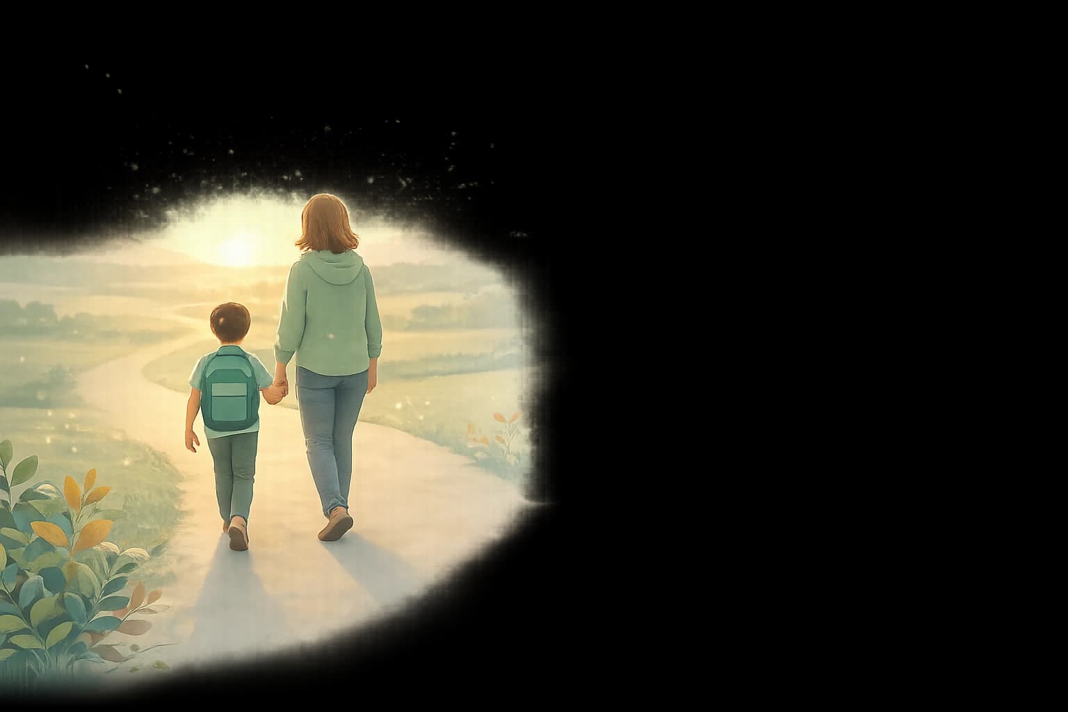 Mutter und Kind gehen gemeinsam einen Weg in der Morgenröte